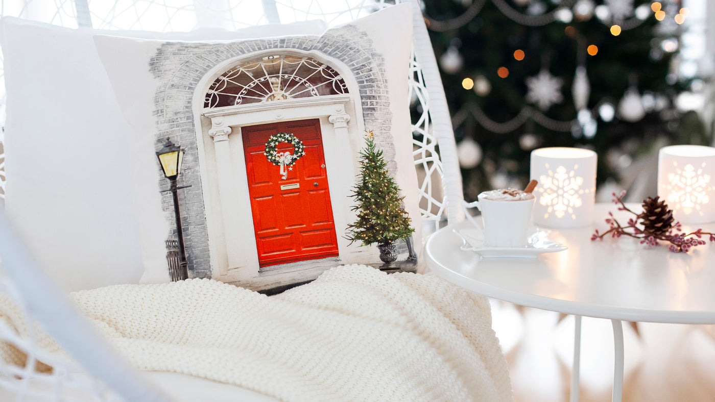 Cushion Covers Winter Collection. Festive home atmosphere with Georgian Doors of Dublin Cushion Cover and Christmas Tree.