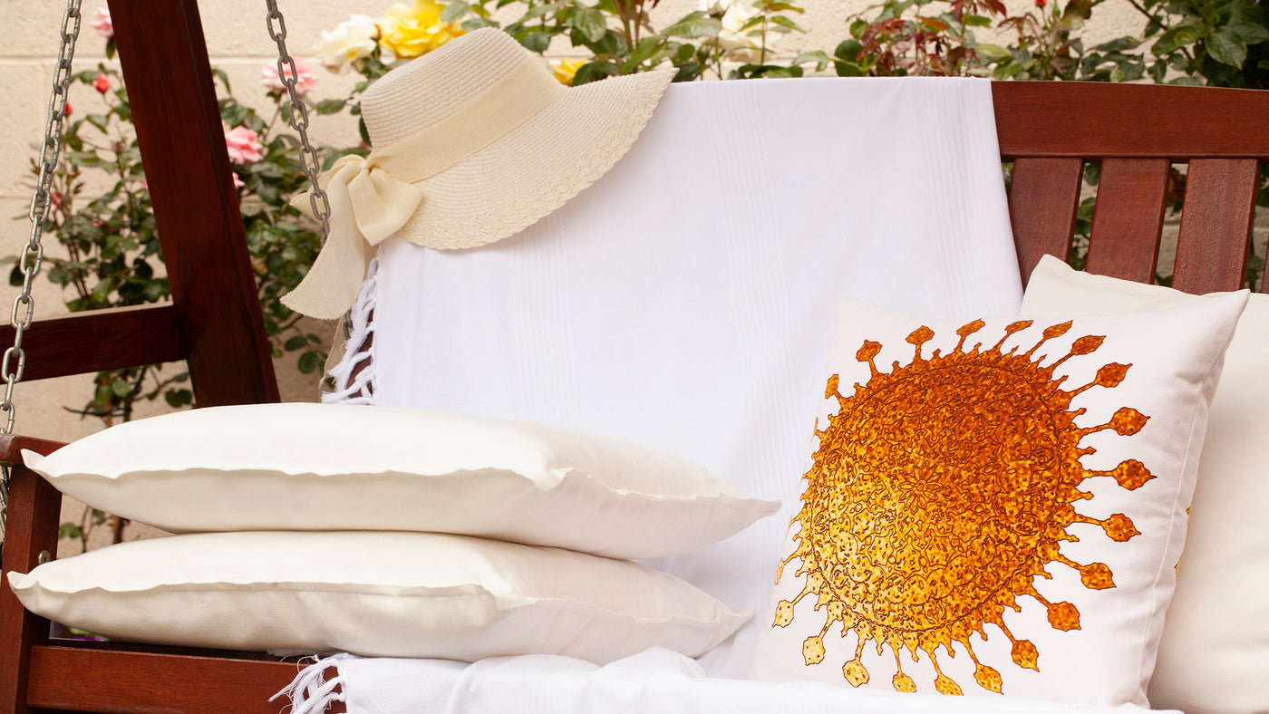What a day for a day dream? Golden Sun Cushion on the garden bench. 