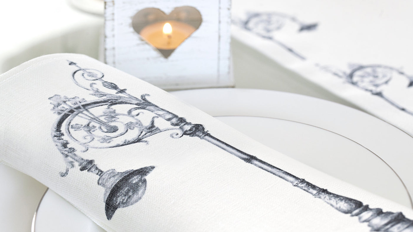 Our heritage collection featuring Old Dublin Street Lamps design as Napkins. Also available as table runner, placemat set. Other designs in the collection: Georgian doors of Dublin, Celtic blue, Celtic wood, Shamrock and Costello Chapel.