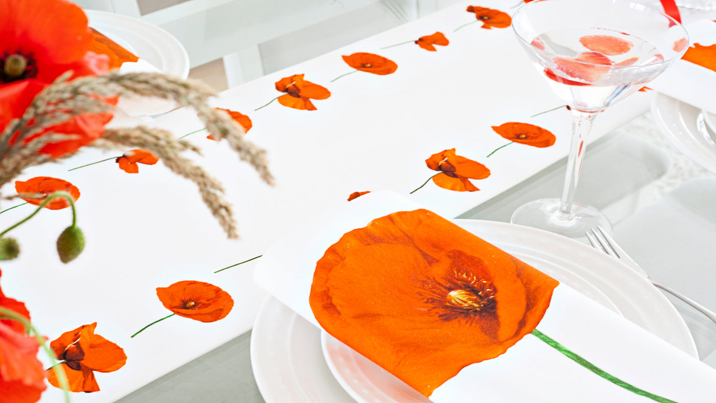 Poppies, poppies. Gorgeous red flowers. Our Table Runners Summer Collection.