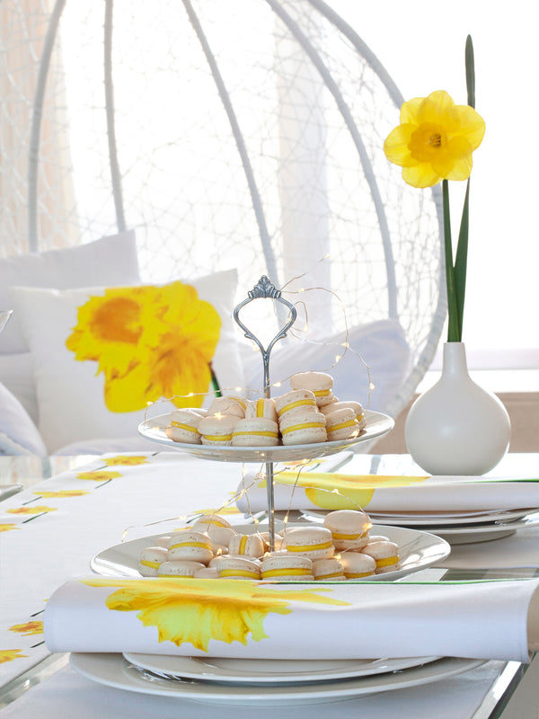 Spring charm in yellow and white. Handmade in Ireland from eco friendly and sustainable cotton and cotton linen blend. Spring collection. Yellow daffodils.