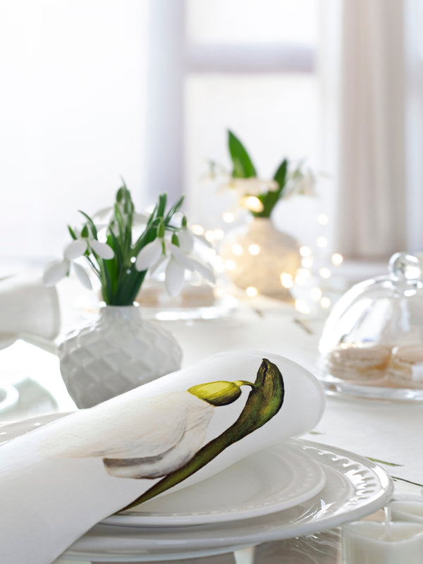 Linen or Cotton White napkin set Snowdrops, beautiful winter table touch.