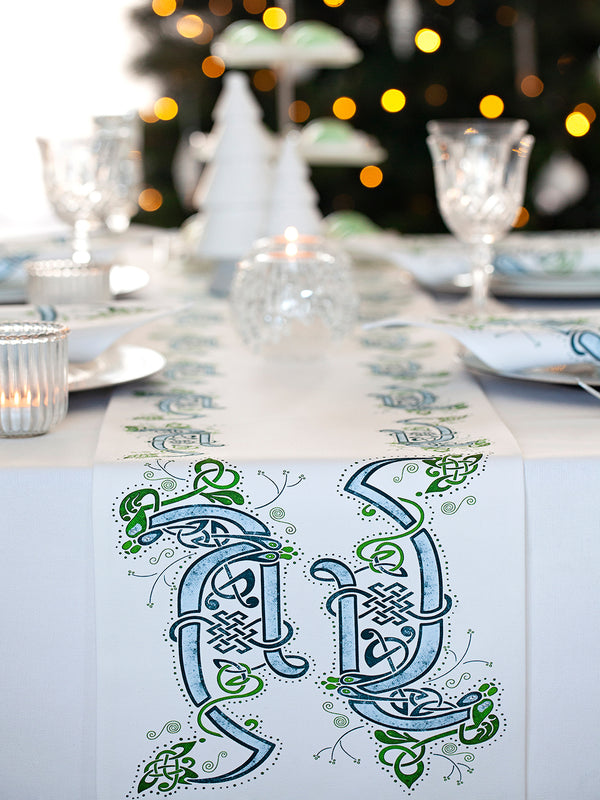 Linen table runner inspired by Irish heritage.