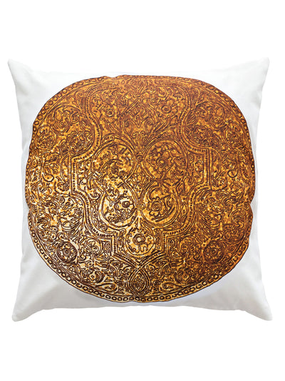 Inspired by eastern art of engraving motifs in the copper. Ink looks like engraving on the beautiful golden-copper background that looks like ancient coin on the white cotton.