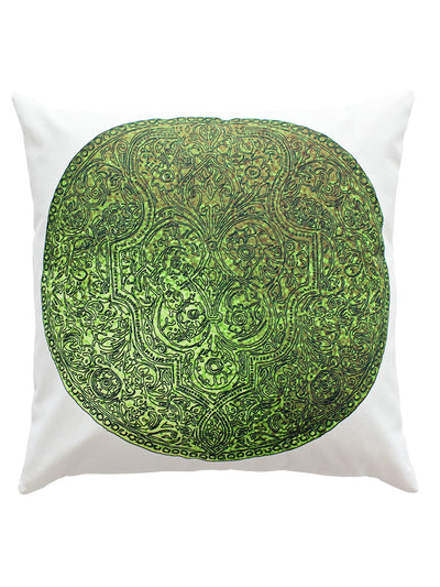 Inspired by eastern art of engraving motifs in the copper. Ink looks like engraving on the beautiful green background that looks like ancient coin engraved on emerald gem.