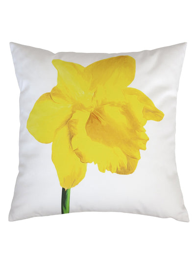 Cushion Cover Daffodils front side with gorgeous yellow daffodil filling the cushion front side on the snow-white background. Handmade in Ireland.