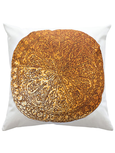 Inspired by eastern art of engraving motifs in the copper. Ink looks like engraving on the beautiful golden-copper background that looks like stoned flower on the white cotton.