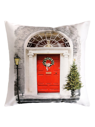 Cushion Cover Red Georgian Door of Dublin. Double sided print. Vivid red Dublin Door with Christmas wreath and tree beside. Bright yellow lamp warms it up.