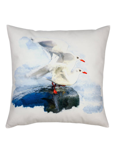 Cushion Cover Irish Seaside Dublin, Howth. Seagulls ready to fly away from the rock on the coast of Ireland in a hand painting featuring beautiful and calming colours of the sea.