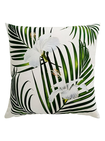 Palm Leaves Cushion cover with bright green palm leaves and lovely hibiscus flower painted on the white background.