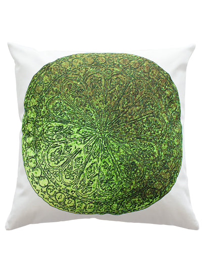 Cushion Cover Flower. Abstract motif of flower on metallic shine green base. Lines flow smoothly to form this calming shape of flower and its petals.