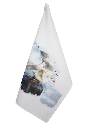 Tea Towel Seagulls from our collection Irish Seaside. Two seagulls are parting off the rock o the Irish shore.