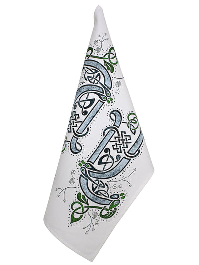 Tea Towel Celtic blue with blue and grey Celtic motifs on white background.