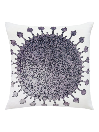 Lavender cushion cover made from velvet featuring sun design. 